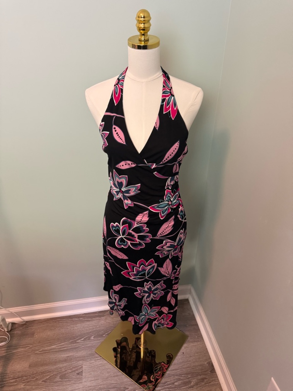 VTG Y2K Bebe Black Floral Halter Midi Dress - Made in USA - Size M